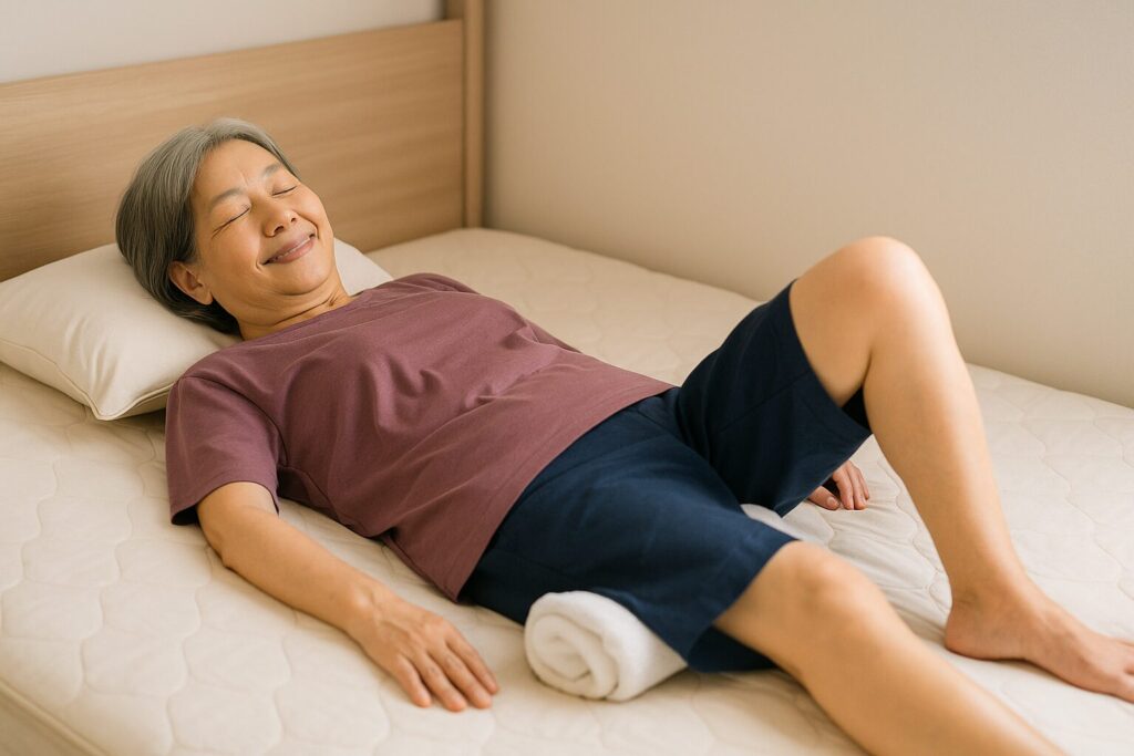 寝て運動する老女