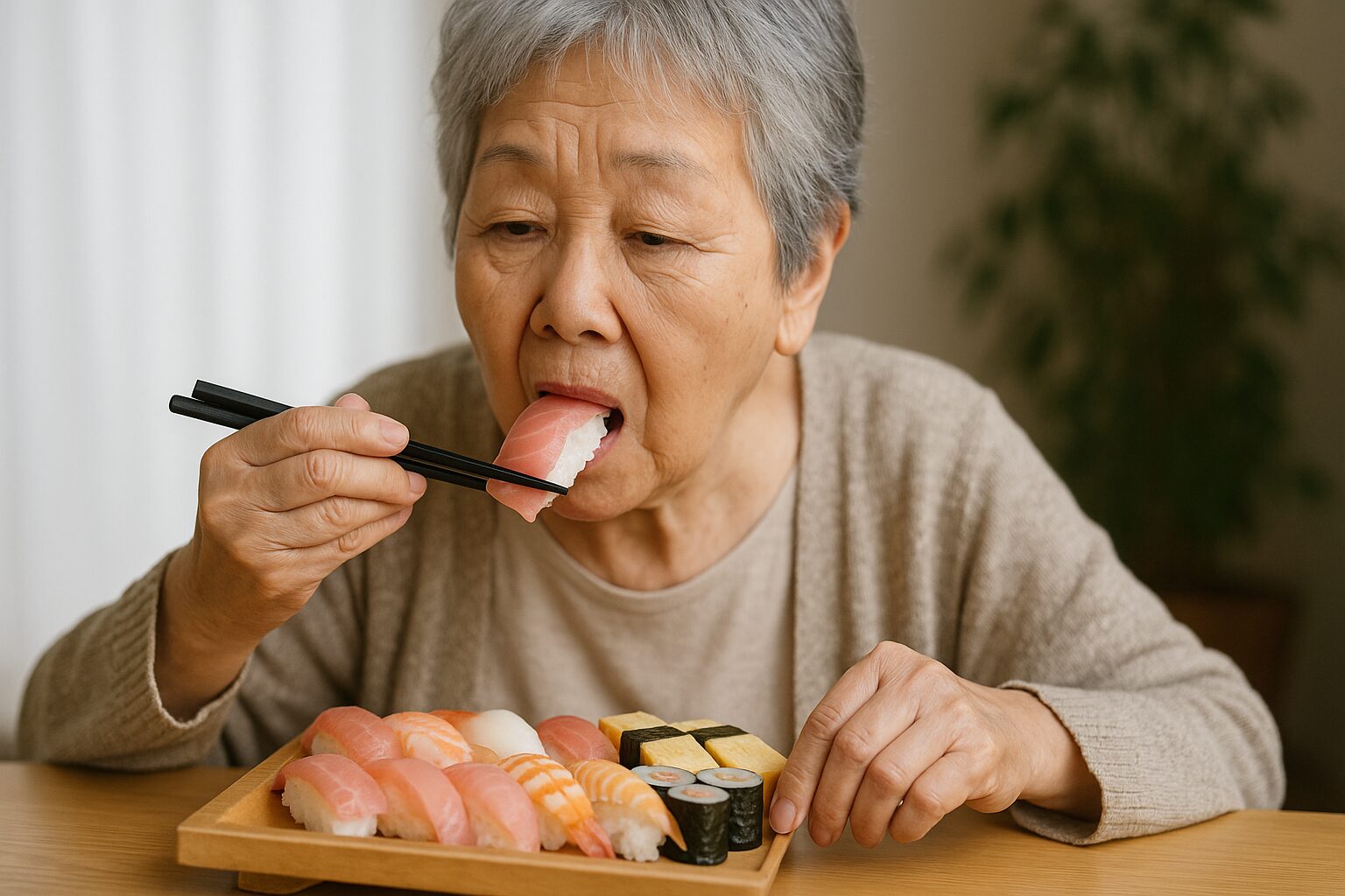 寿司を食べる老女