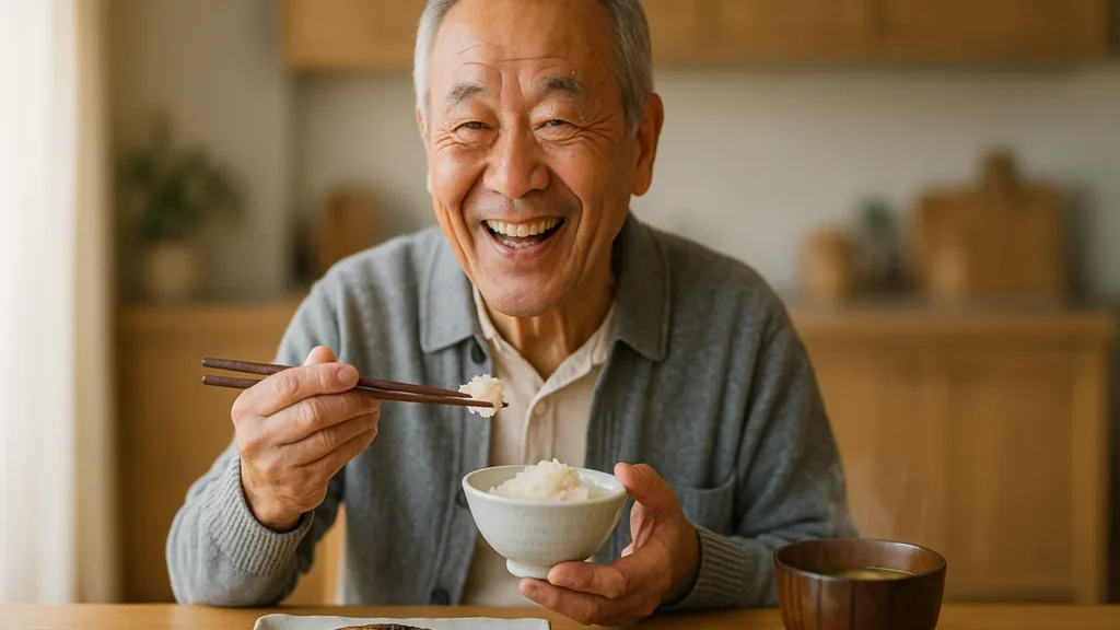 高齢者向けミールキットのイメージ（笑顔の高齢男性が食事を楽しむ）