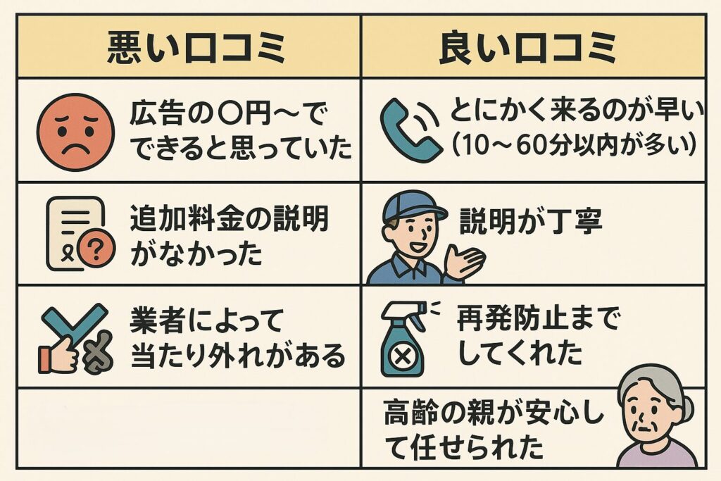 悪い口コミ／良い口コミの比較表イラスト