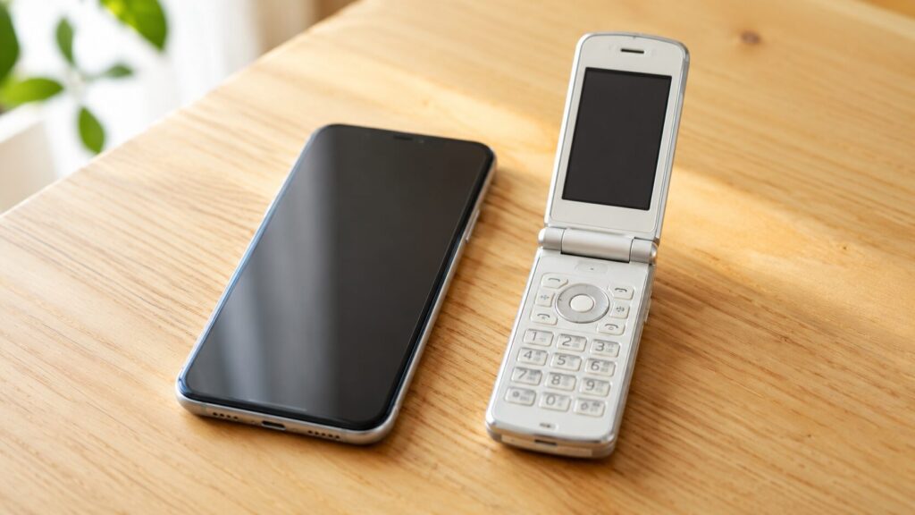 スマートフォンと従来型のガラケーを並べて比較した様子