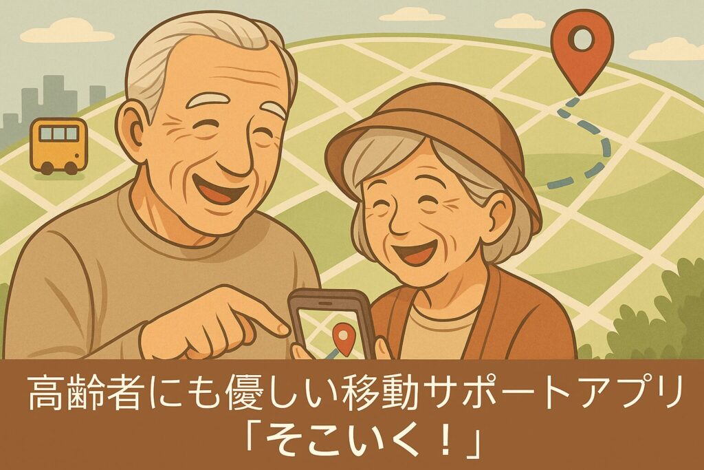 高齢の男女が笑顔でスマホを見ているイラスト（移動サポートアプリ「そこいく！」紹介）