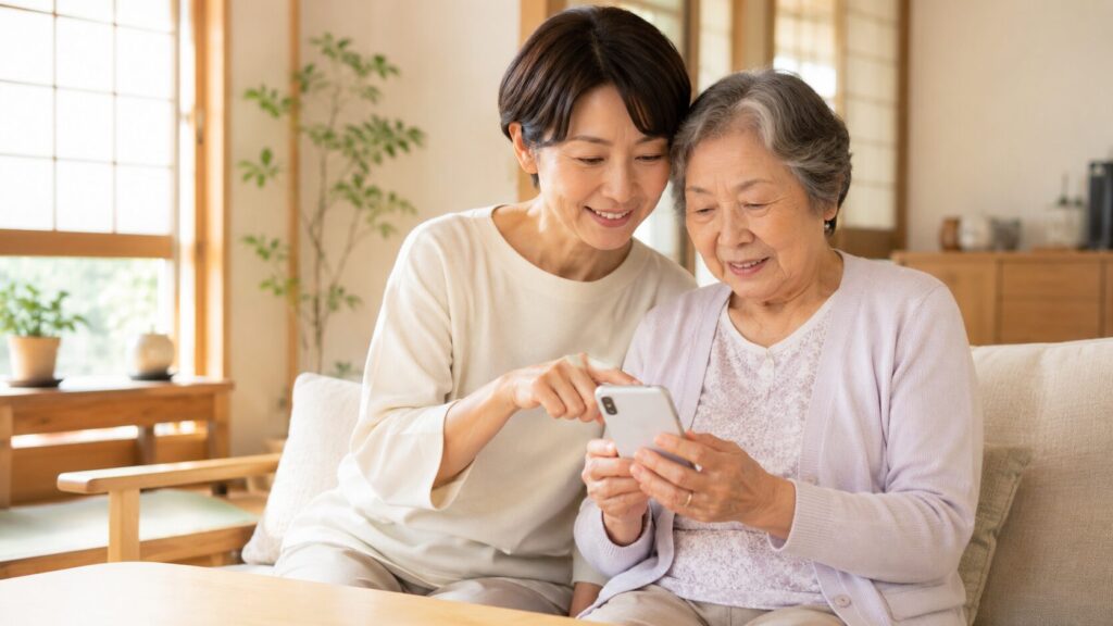 高齢の母にスマートフォンの使い方を教える娘