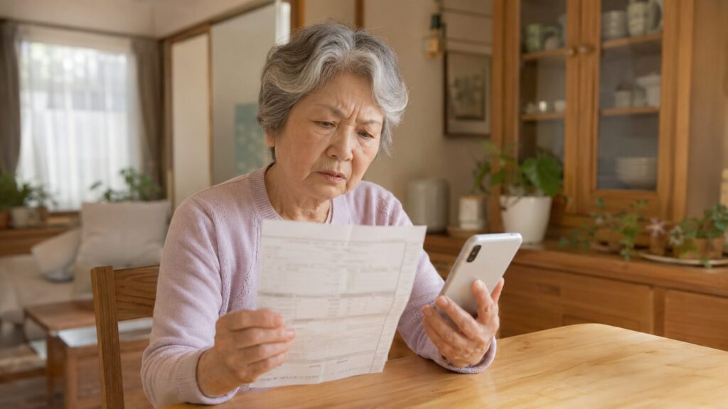 スマホ代の明細を見て困った表情の高齢の女性