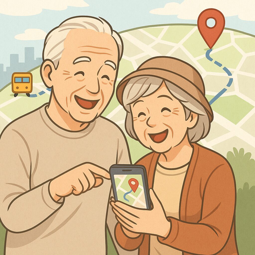 高齢の夫婦が楽しそうにスマホのアプリを見ているイラスト