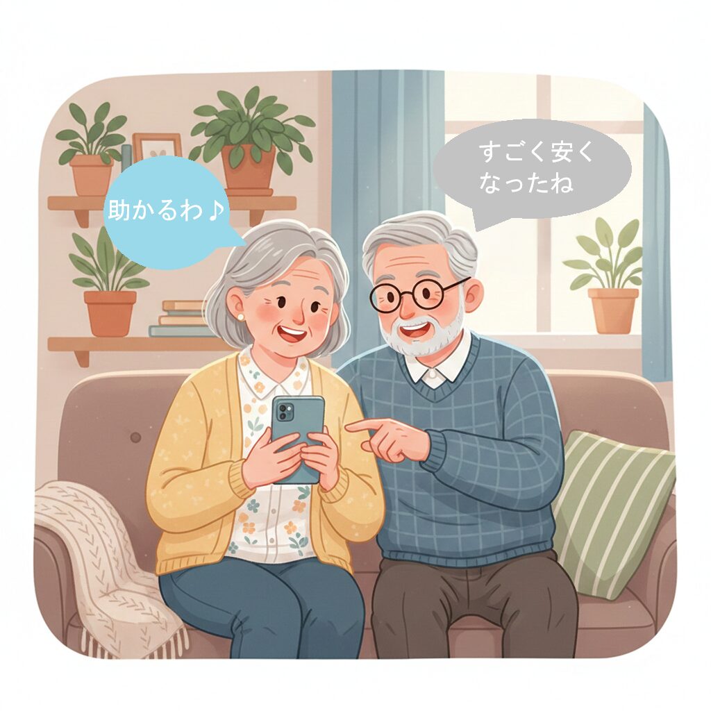 スマホ代が安くなって喜ぶ老夫婦