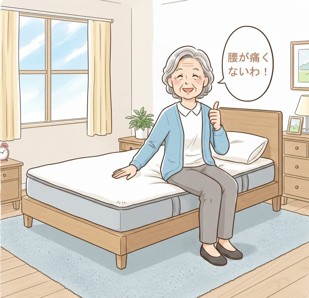 ベッドに腰掛ける笑顔の高齢女性