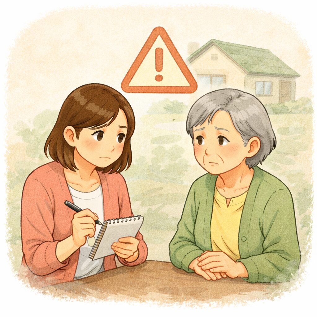 注意マーク+家族 説明を聞いている高齢者 メモを取る娘