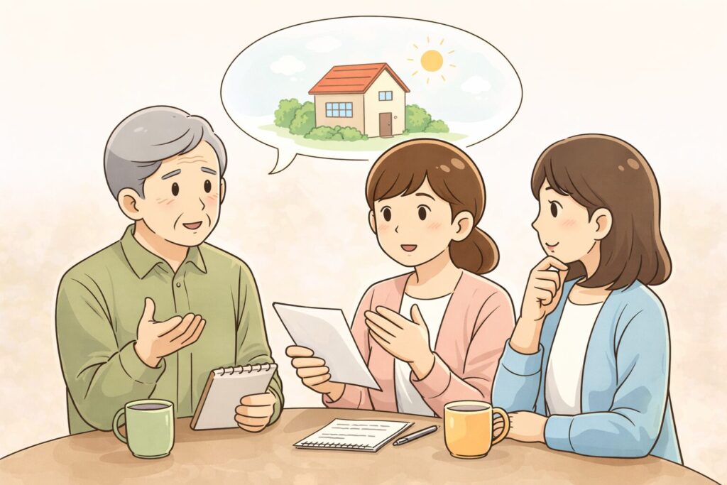 家族で相談している様子。メモを見ながら落ち着いて話している。