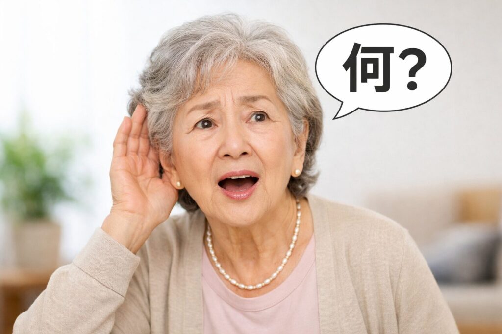 耳に手を当てて聞き返す高齢女性の様子（聞こえにくさに気づく場面）
