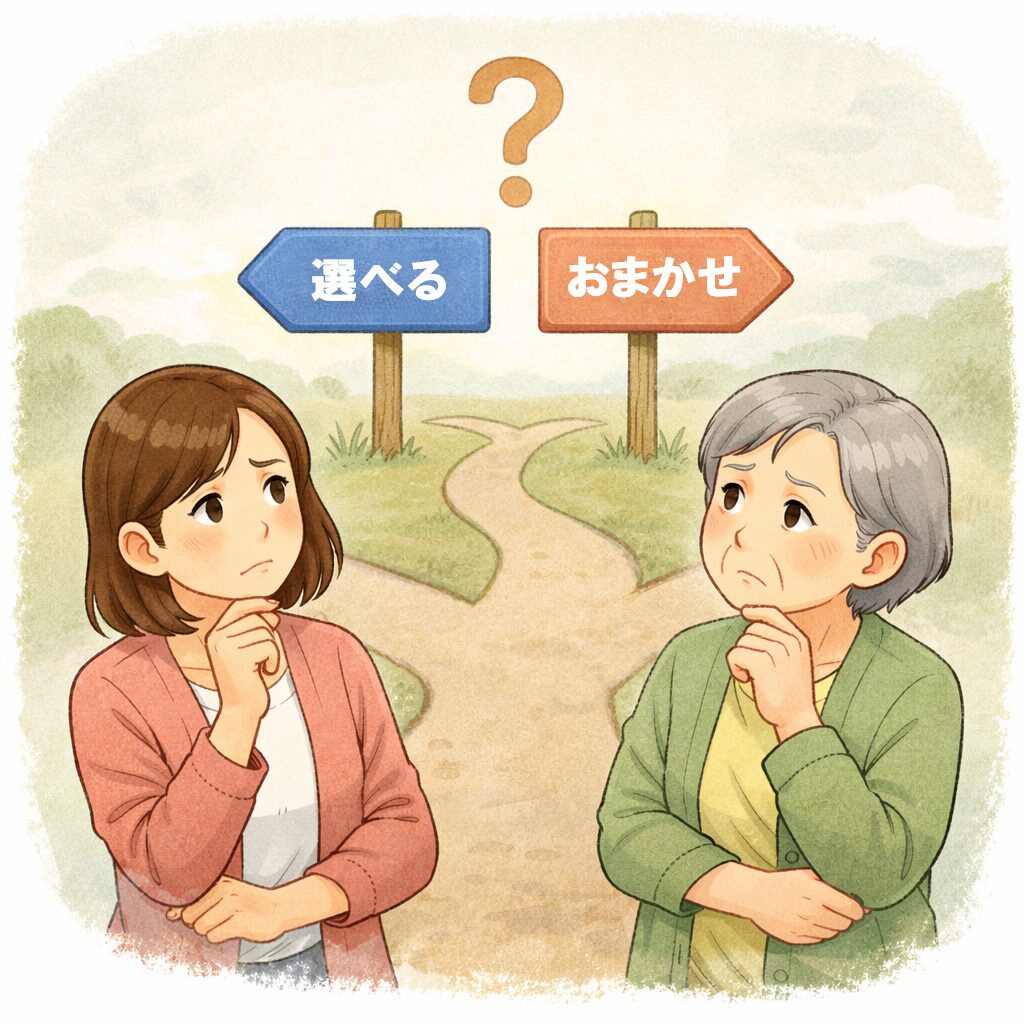 分岐点に立って考えている高齢女性と娘