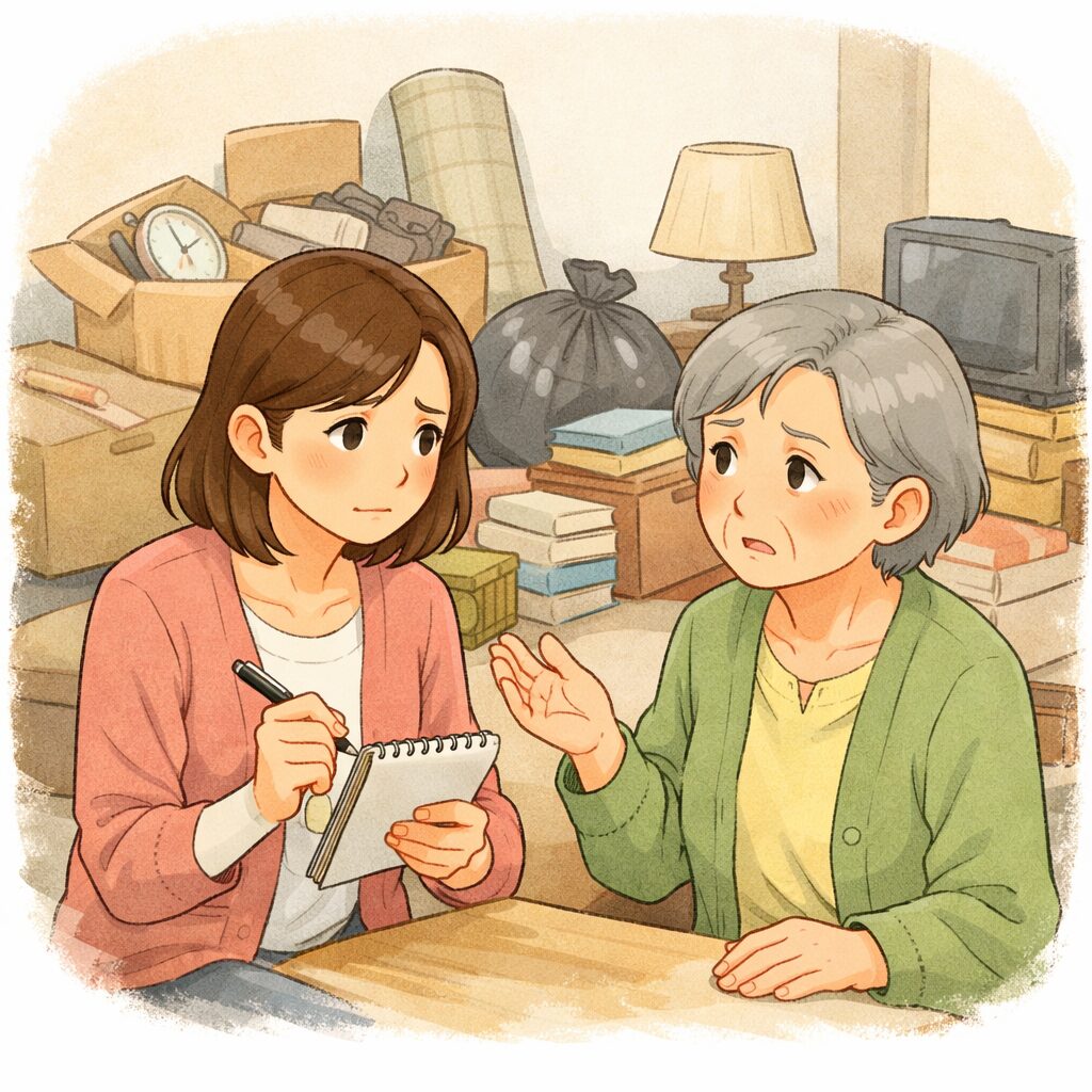 高齢の親と娘が話している 片付け前の部屋を前に困っている家族 メモを取りながら相談している女性