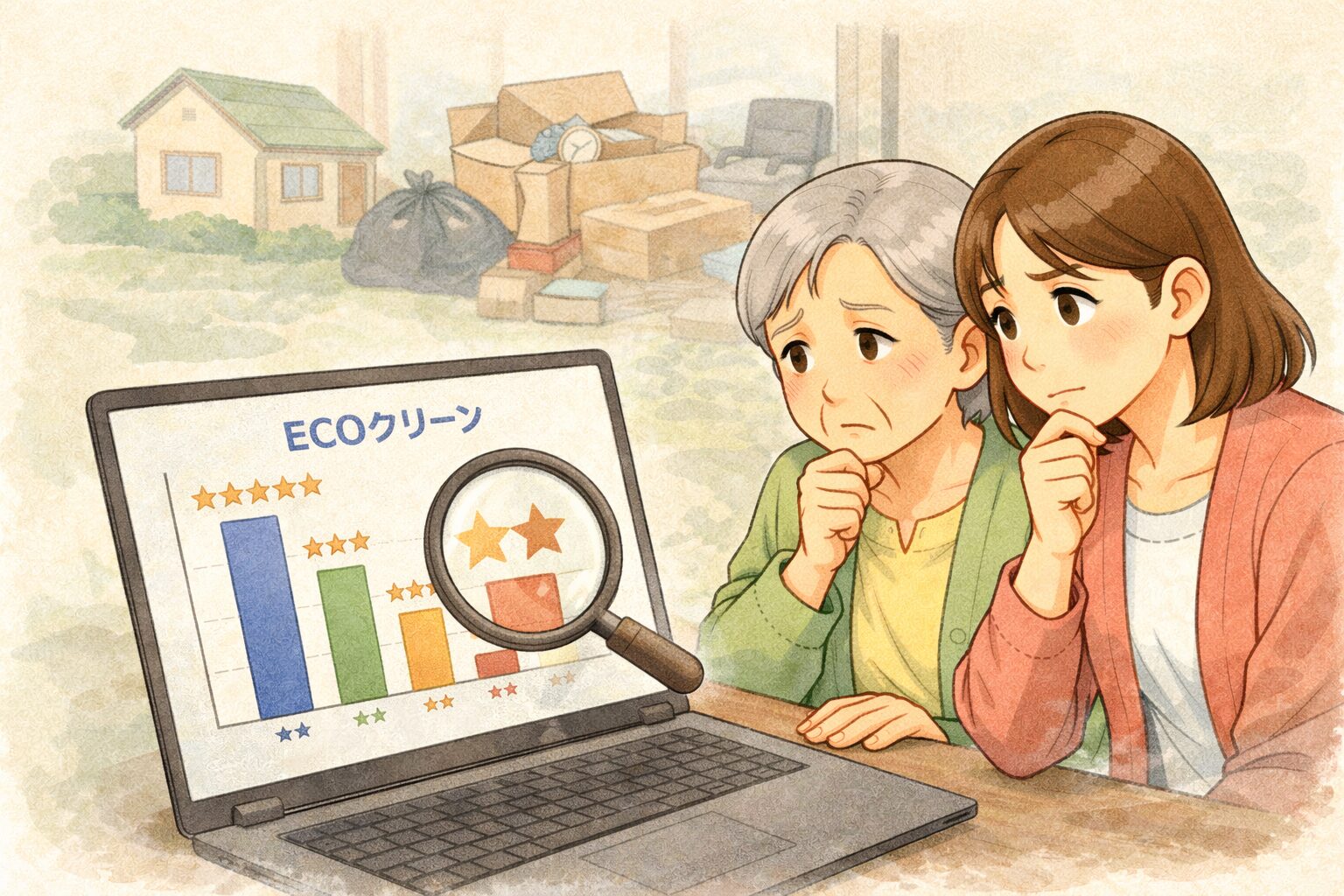 ECOクリーンの口コミは？高齢の親と娘がパソコンを見ながら悩む様子