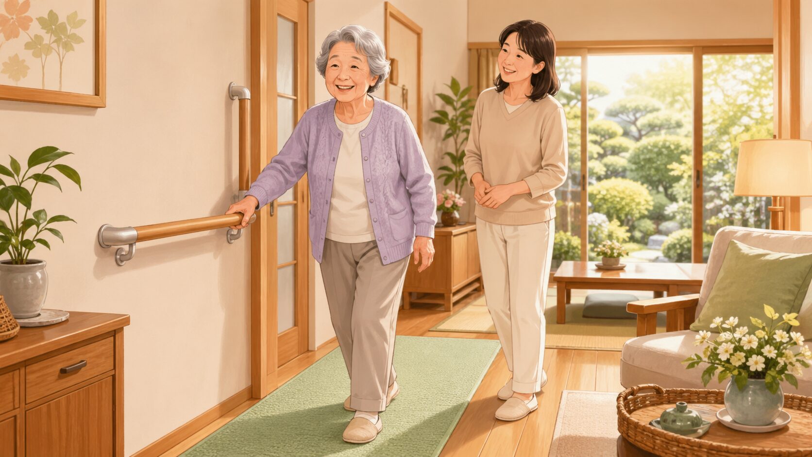 手すりを持って歩く高齢の親