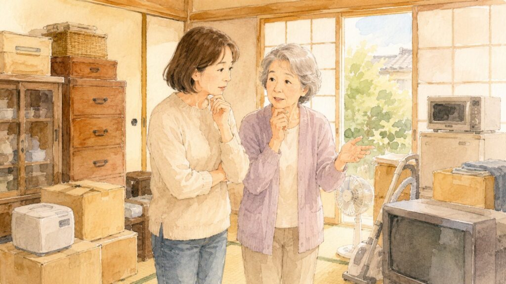 日本の実家の和室に立つ50代の娘と70代の母親のイラスト。
部屋には古い家具・段ボール箱・家電が積まれ、片付けに困っている様子。
2人は不用品回収業者の選び方について真剣に話し合っている。