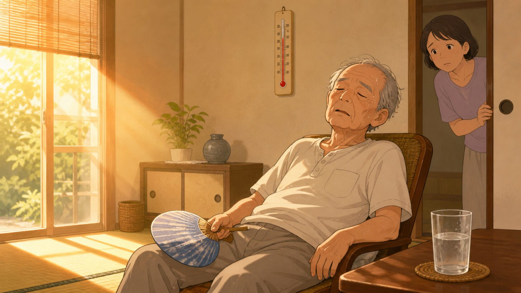 室内で一人座っている70代の日本人高齢男性のイラスト。 夏の昼間、エアコンをつけずに汗をかきながらうとうとしている。