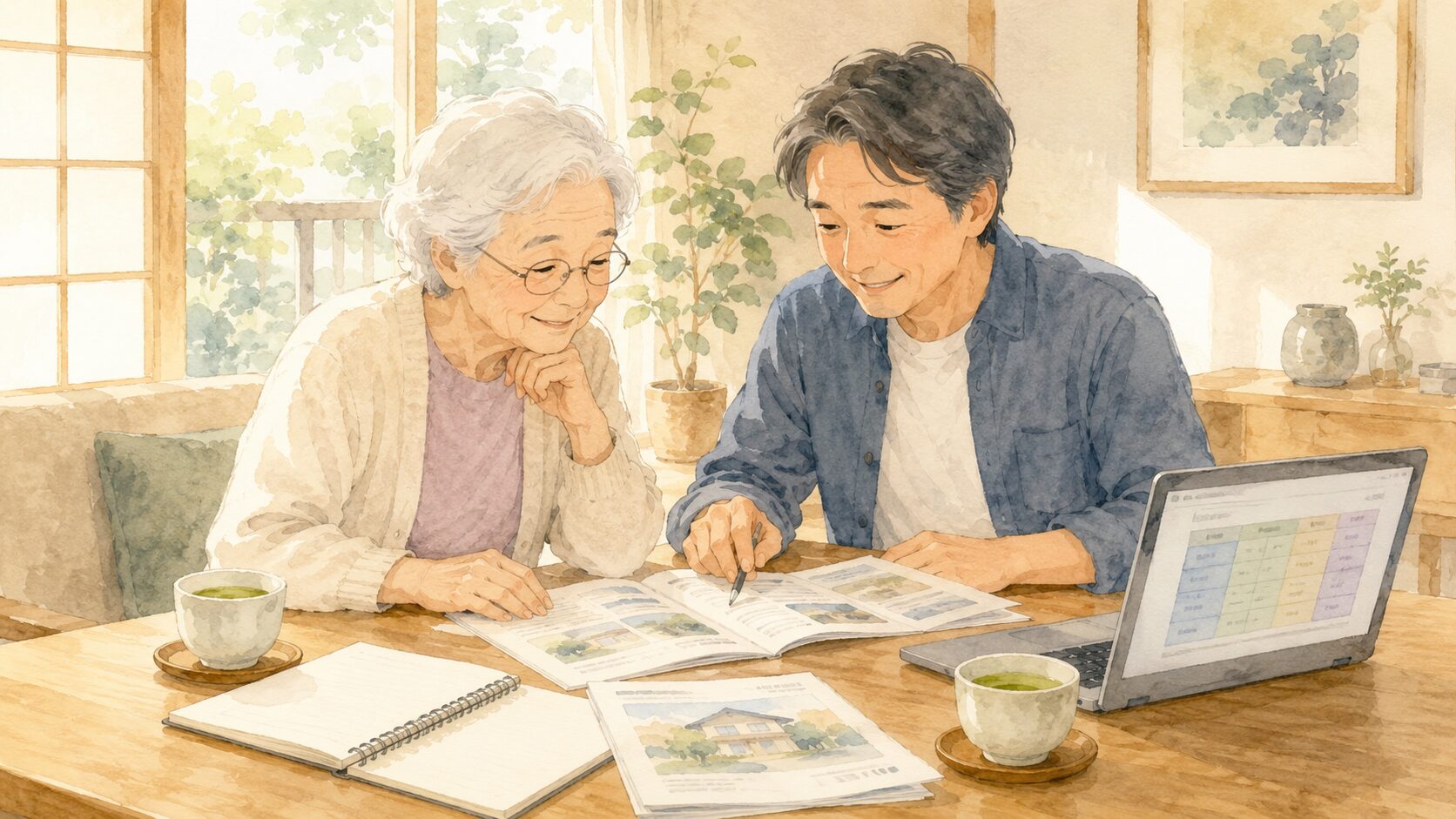 高齢の親とお墓選びの資料を広げて相談する家族のイラスト