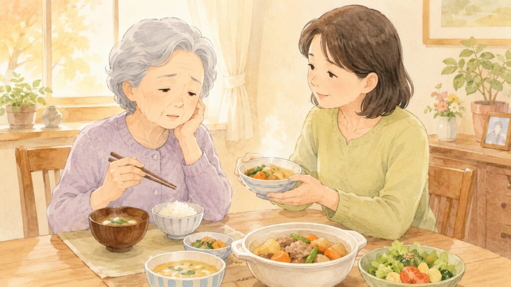 食欲が落ちた高齢の母親に、娘が栄養のある食事を勧める食卓のイラスト