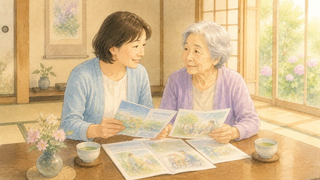 50代の娘と70代の母が畳の部屋で見守りサービスの資料を一緒に見ながら微笑み合う水彩風イラスト