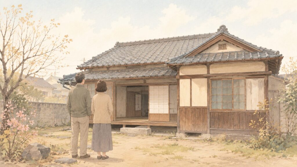 実家の前で、売る・貸す・解体をどうするか考える中年夫婦の後ろ姿