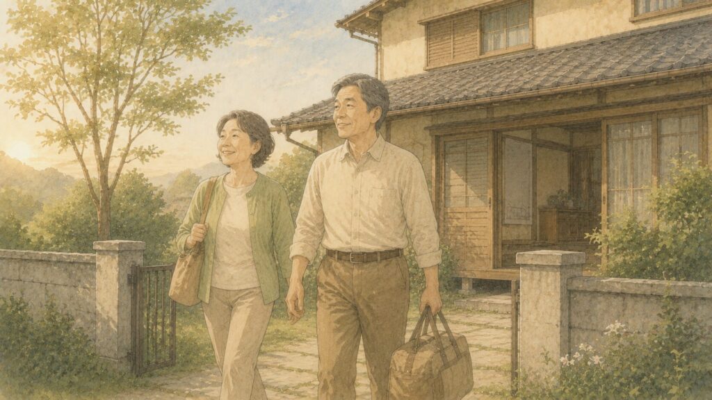 実家じまいを決断し、前向きに一歩を踏み出す様子のイラスト
