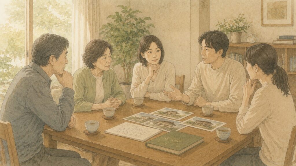 実家をどうするか家族で話し合う（兄弟・家族会議）様子のイラスト
