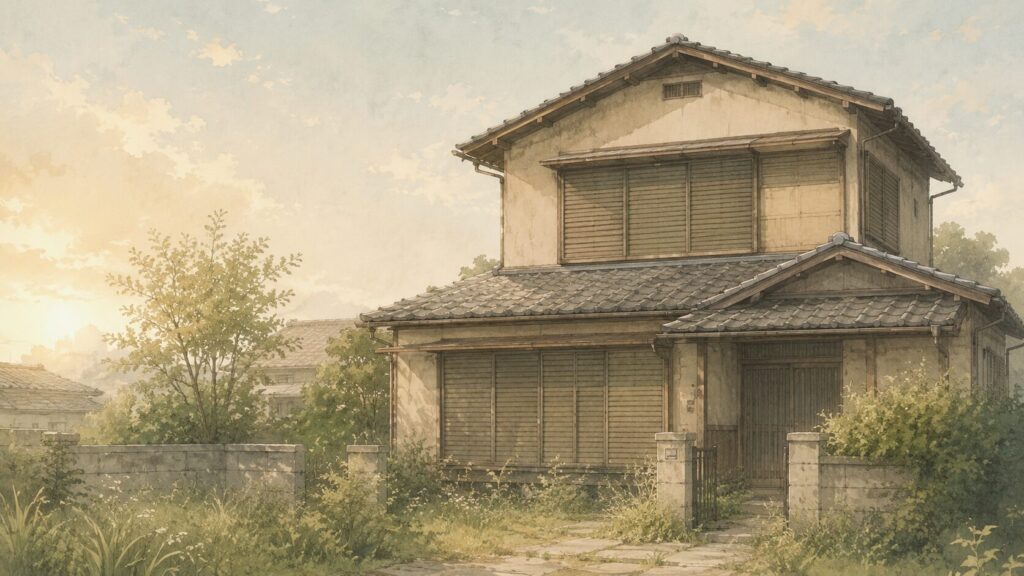 誰も住まなくなった実家（空き家）が静かに建っているイメージイラスト