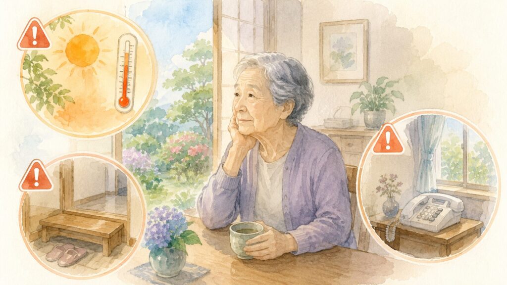 離れて暮らす高齢の親を心配する50代女性が、温かみのあるキッチンでスマートフォンを見つめる水彩風イラスト