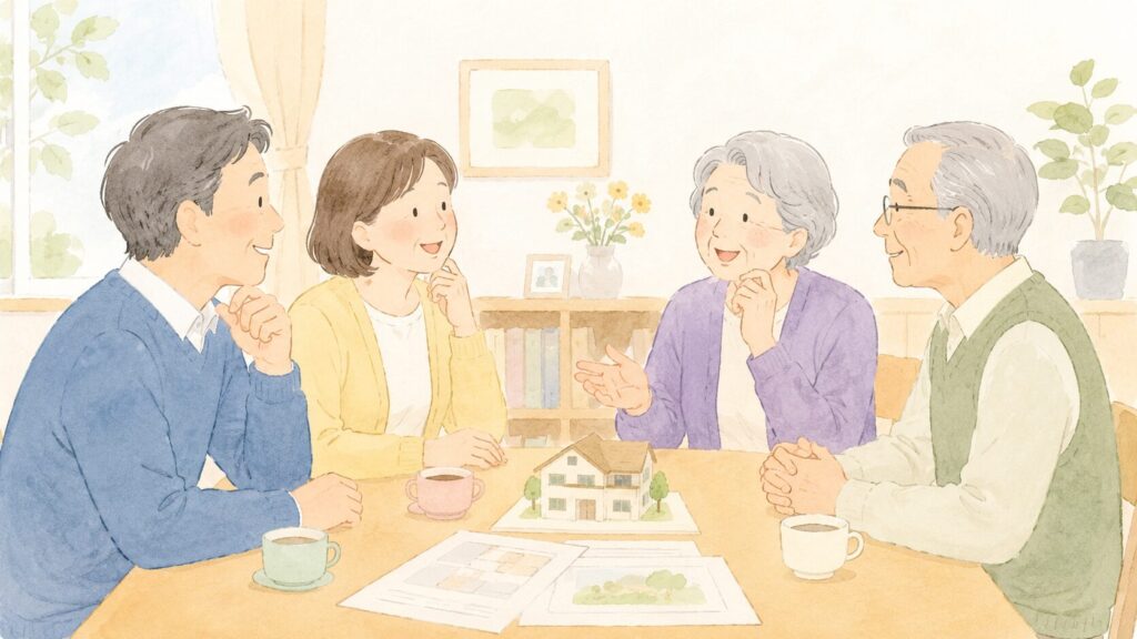 実家をどうするか、高齢の親と子世代が家族で話し合う様子