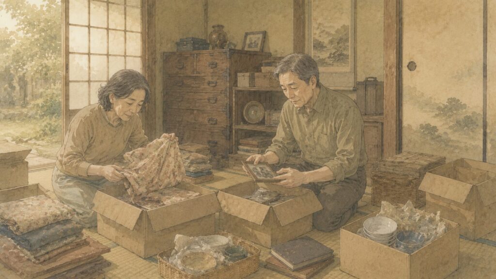 実家に残された家財や思い出の品を片づける（生前整理・遺品整理）様子のイラスト