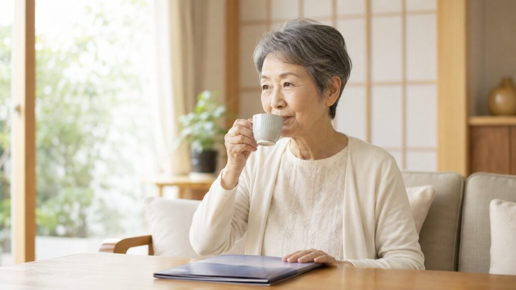 葬儀の準備を終えて安心し、穏やかにお茶を飲む高齢の女性