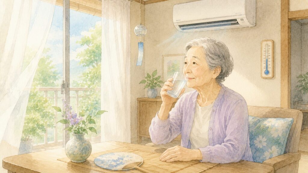 エアコンが稼働する快適な和室リビングで、コップの水を飲んで熱中症対策をする70代女性の水彩風イラスト