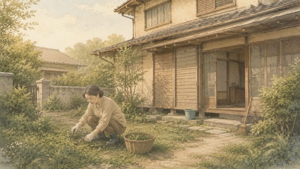 遠方の実家（空き家）の管理に通い、草むしりや掃除をする様子のイラスト