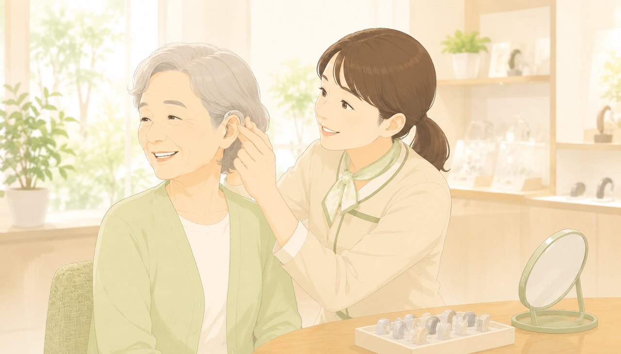 補聴器専門店で相談員が高齢者の補聴器を調整するイラスト