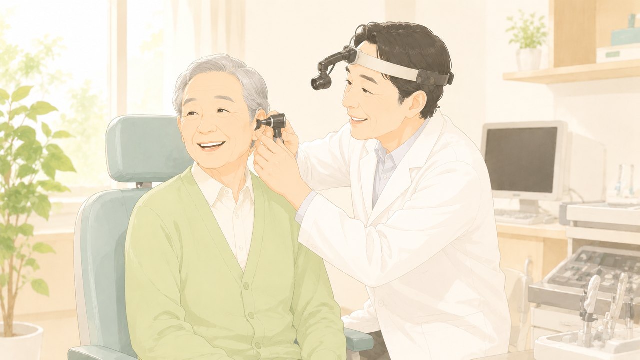 耳鼻咽喉科で医師が高齢者の耳を診察するイラスト