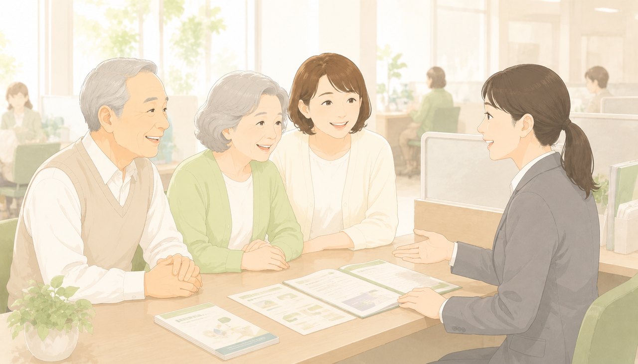 役所の窓口で高齢者と家族が補聴器助成金を相談するイラスト
