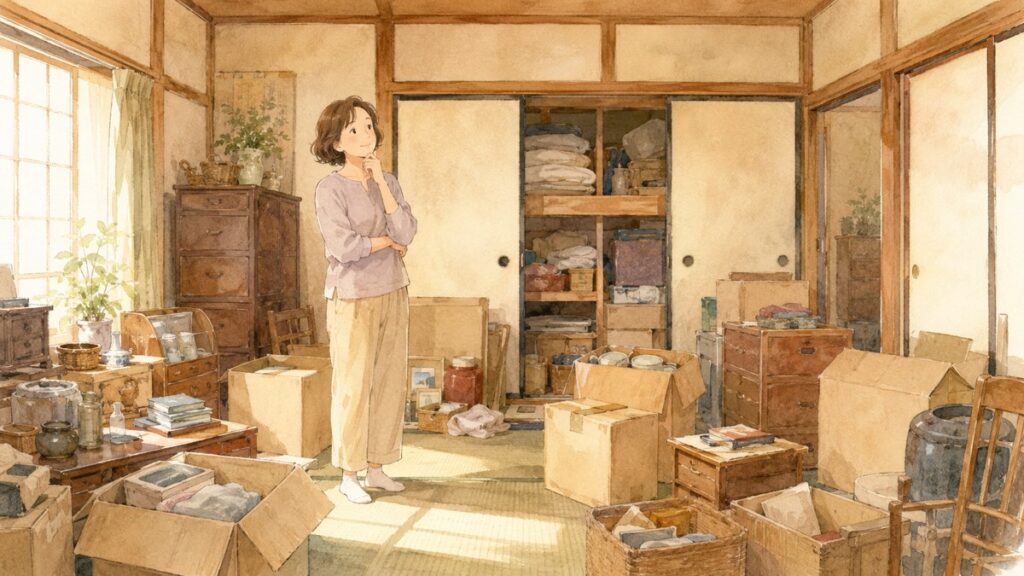 段ボールに囲まれ、遺品整理をどこから始めるか考える女性