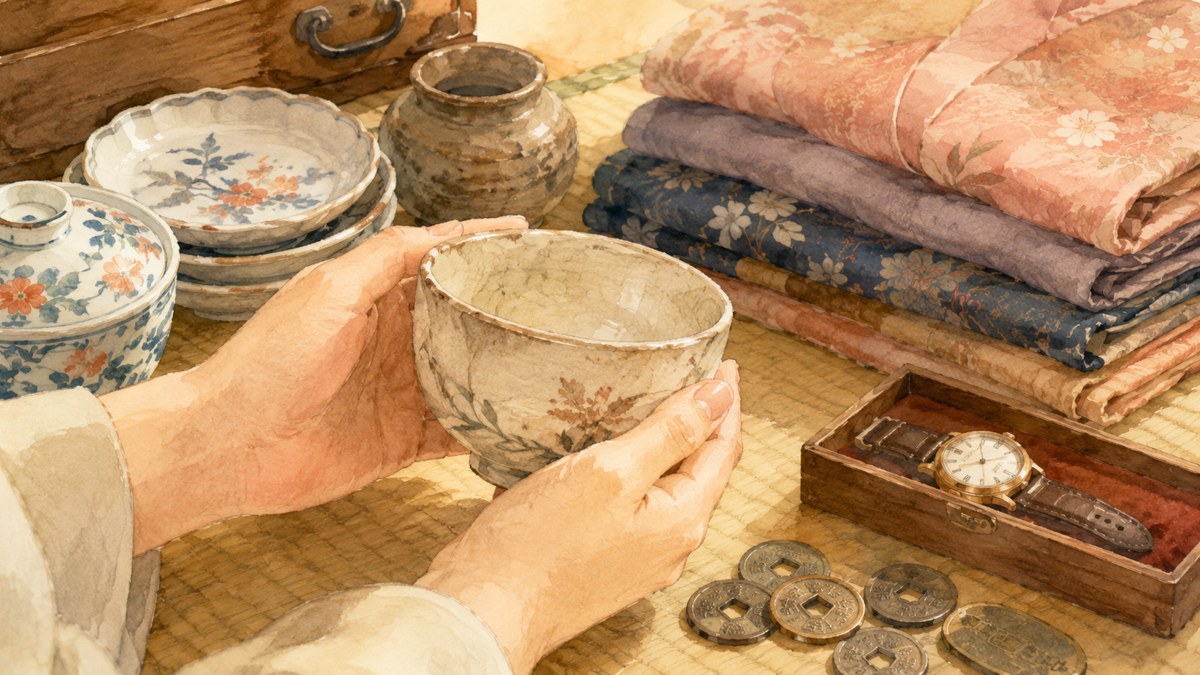 和食器・着物・古い腕時計・古銭など、遺品の中の価値ある品を手に取る様子