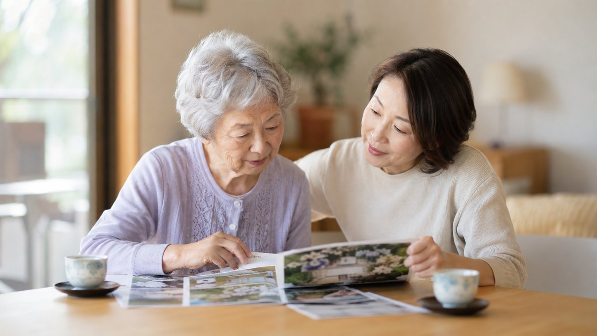 高齢の母と娘が葬儀の資料を一緒に見ながら穏やかに話し合う様子