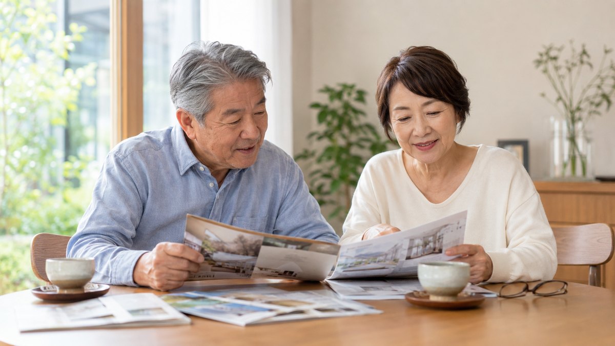 高齢の夫婦が元気なうちに葬儀の資料を見比べて準備する様子