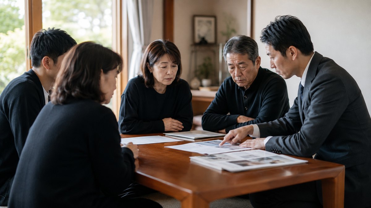 葬儀社の担当者と家族が見積書を確認しながら打ち合わせる様子