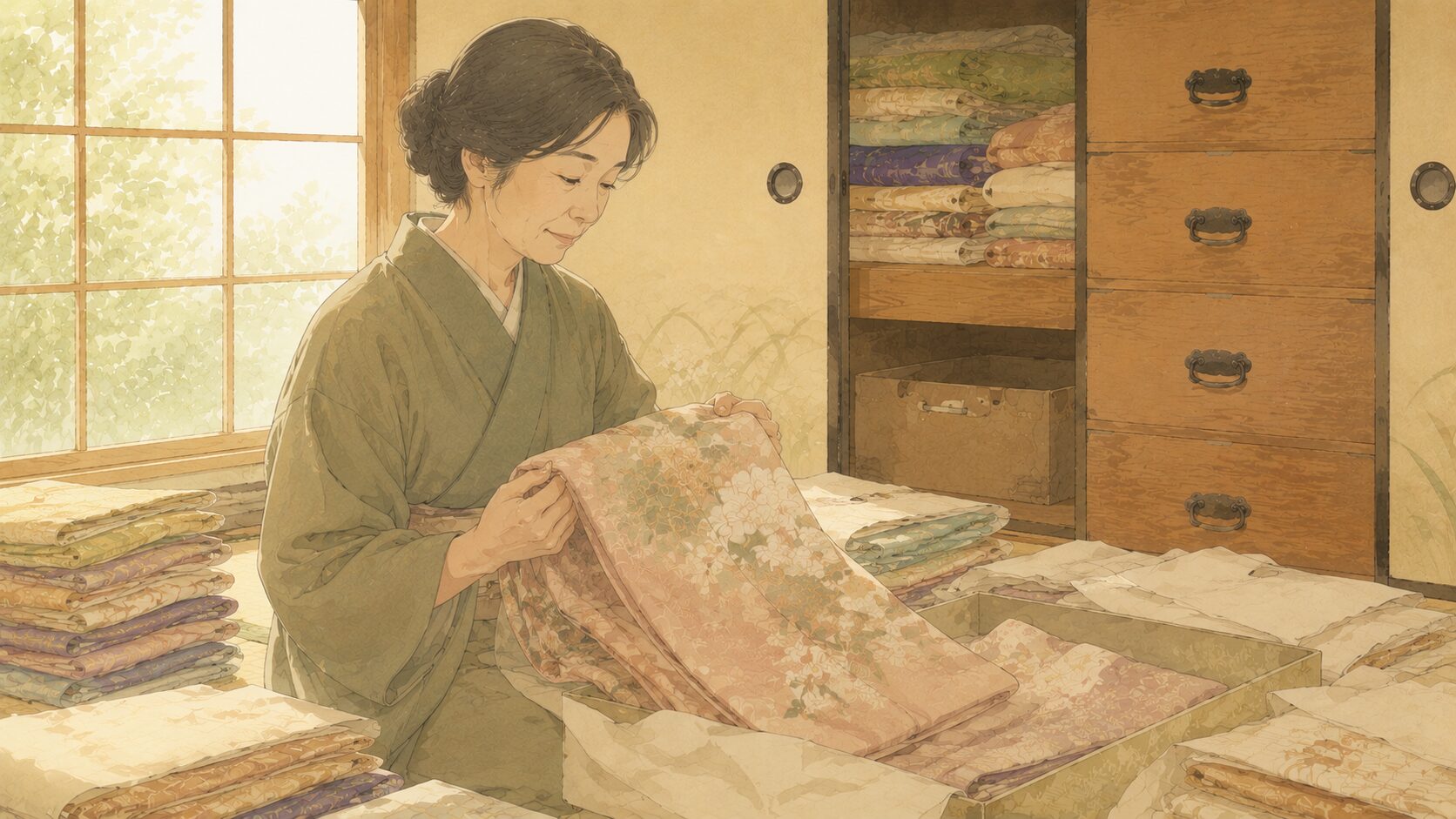 思い出の着物を手に取り見つめる様子のイラスト