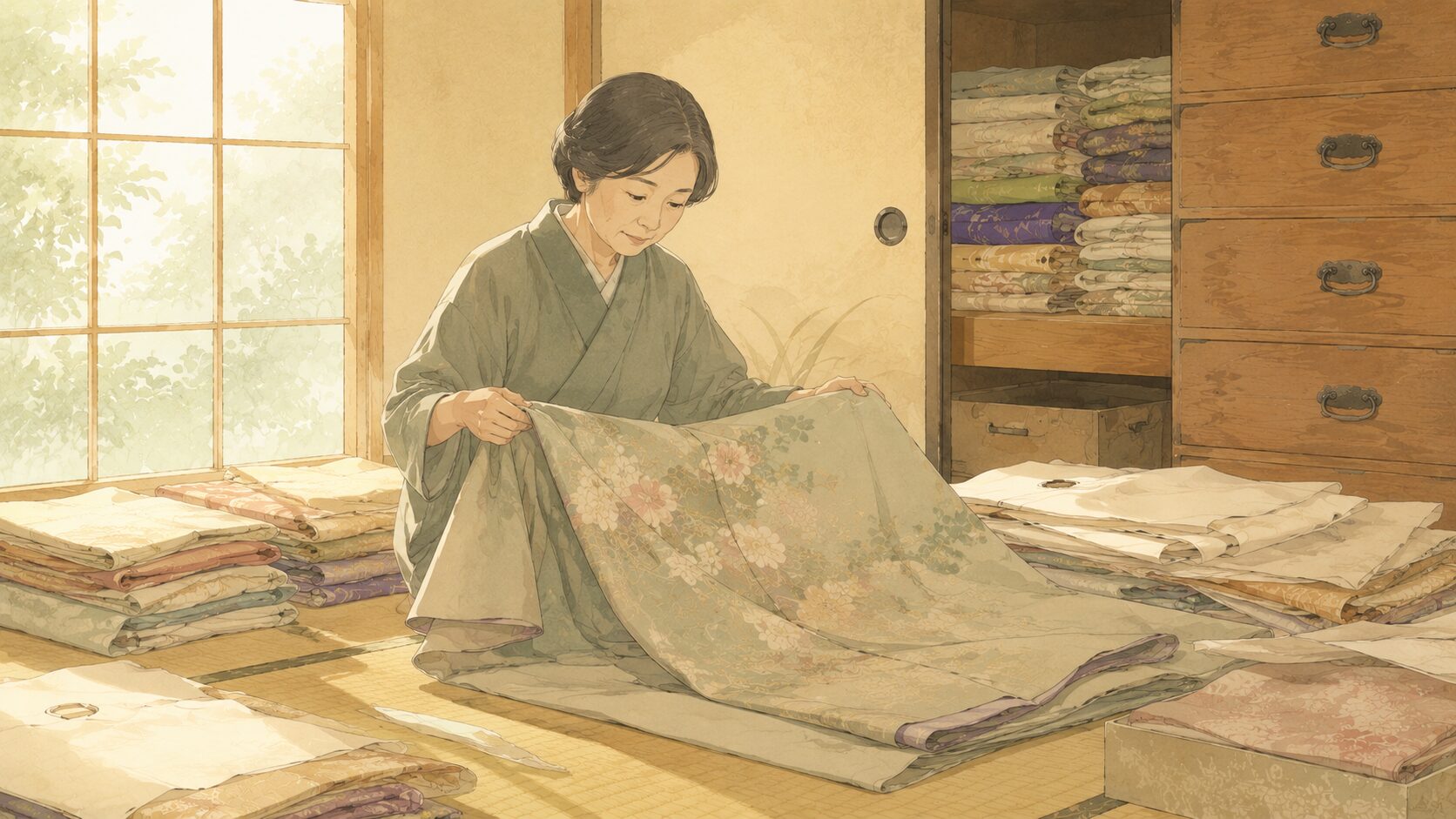 着物の価値を一枚ずつ確かめている様子のイラスト