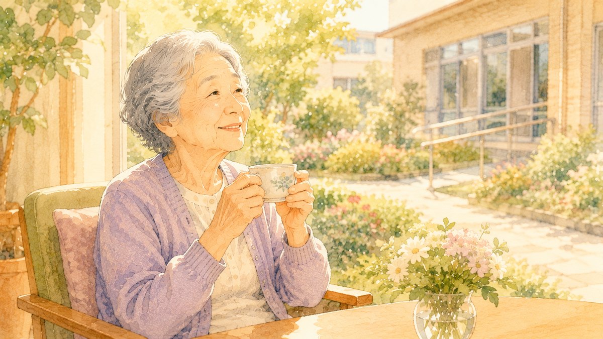 介護施設の窓辺でお茶を飲み穏やかに過ごす高齢の女性