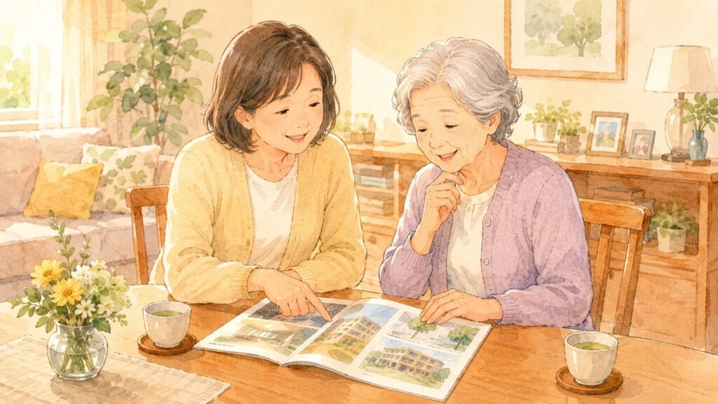 老人ホームのパンフレットを一緒に見る娘と高齢の母