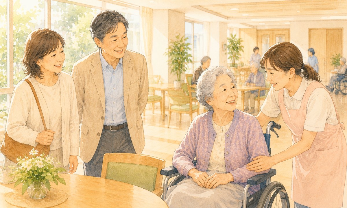 介護施設を見学する家族とやさしい介護スタッフ