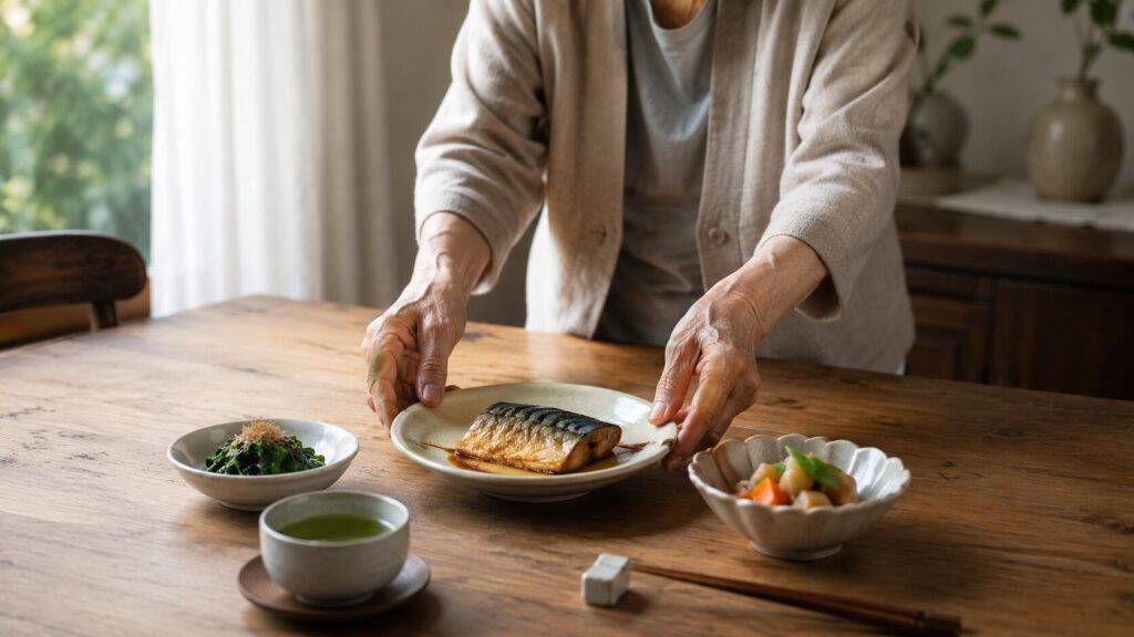 80代女性が和食の食卓に料理を並べている、文字なし