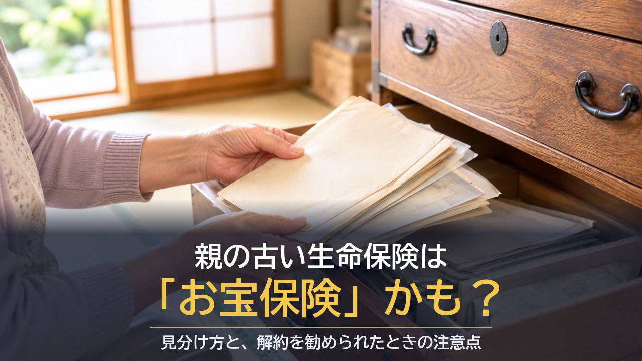 古い桐たんすの引き出しから色あせた保険証券の束を取り出すシニア女性の手元
