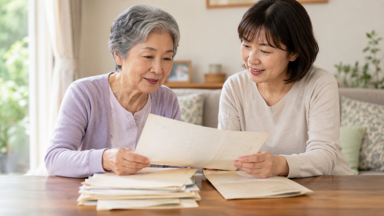 居間のテーブルで高齢の母と子世代が古い保険証券を一緒に確認している様子