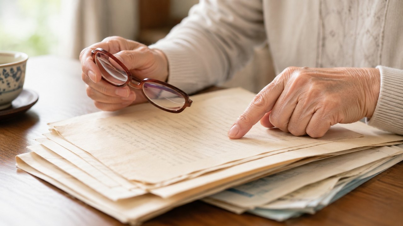 親子で一緒に古い保険証券を開き、契約日の欄を指で確認している手元